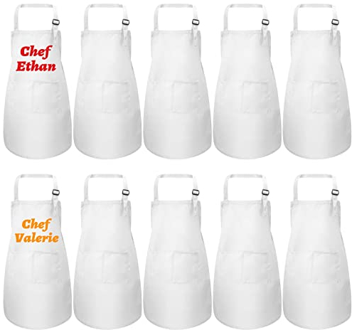 Geebuzz 10 Stück Kinder Schürze Einstellbare Blank DIY Kinder Koch Schürzen Handwerk Schürzen mit Taschen für Küche Malerei Kochen Backen (Weiß, Groß)