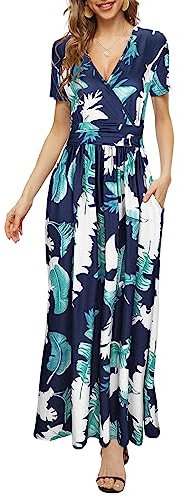 PCEAIIH Women's Maxi Dress Casual Deep V Short Sleeve Floral Ladies Wrap Long Dress with Pockets XXL Green Leaf