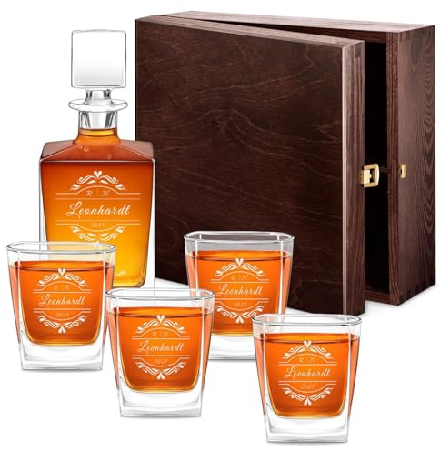 Maverton Whisky Karaffe 810 ml + 4/6er Whisky Gläser mit Gravur 250 ml - personalisiertes Whisky Decanter Set für Paar zum Hochzeitsjubiläum - zur Hochzeit - zu Weihnachten - Familie