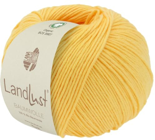 LANA GROSSA Landlust Baumwolle | Klassisches Bio-Baumwollgarn, Gots zertifiziert | Handstrickgarn aus 100% Baumwolle (Bio) | 50g Wolle zum Stricken & Häkeln | 115m Garn FB 5 Gelb