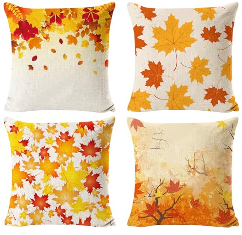 Kissenbezug Herbst, 4 Stück Ahornblatt Kissenbezug, 45x45 Dekorative Kissenbezug Erntedankfest, Herbst Leinen Kissenbezüge Dekokissen, Herbst Kissen Kürbis für Sofa Couch Schlafzimmer Wohnzimmer