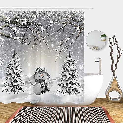 Abaysto Merry Christmas Winter Snowman Shower Curtain Xmas Tree Snowflake Scene Holiday Bathroom Decor Pine Tree Covered Snow Fabric Bath Curtains Set with Hooks 180X180 CM