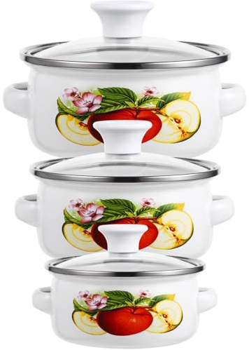 Yardwe Enamel Stockpots with Lids 3pcs Vintage Simmer Pots Retro Cooking Pots Stew Pots with Dural Handles Saucepan Soup Pots for Stove Top