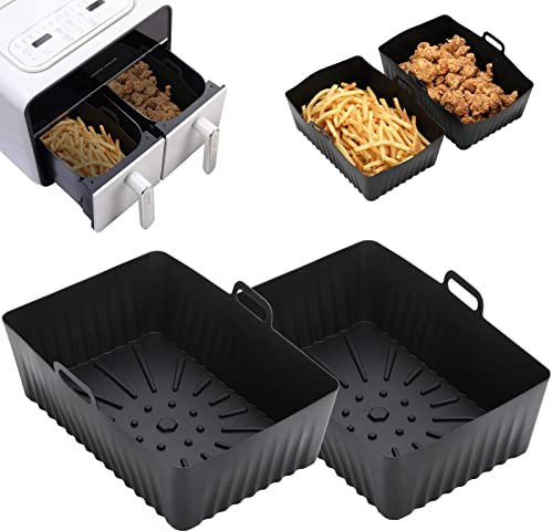 Lifemaison Silicone Air Fryer Liner,2 PCS Air Fryer Accessories for Salter EK4548 Double Basket,Air Fryer Racks,Reusable Air Fryer Food Safe Dual Basket,Silicone Pot for Oven,Microwave,Black