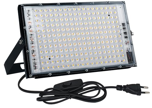 CREATESTAR Foco LED 150W, 3000K Blanco Cálido Foco LED Exterior con Enchufe, 15000LM Proyector LED IP66 Impermeable Iluminación de Seguridad para Jardín, Garaje, Plaza, Patio,Camino