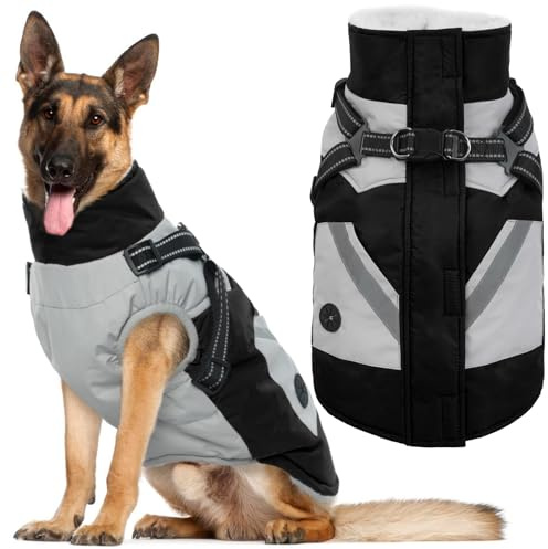 IECOii Gefütterter Wintermantel für Hunde, Warm, Schwarz 2XL | Rückenreißverschluss mit Einklemmschutz, hundefreundliches Design, leicht anzuziehen & maschinenwaschbar