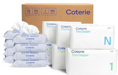 Coterie Baby Diapers + Wipes Baby Kit, Size 1 (99 Count) Size Newborn (93 Count) 8 Wipe Packs (448 Count) Made with Plant-Based Fibers, Hypoallergenic, Designed for Sensitive Skin, Clean Ingredients