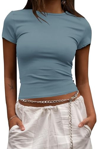 EFFAN Short Sleeve Workout Tops for Women Crew Neck Summer Gym Compression Shirts Cute Tight Tressy Tops Tee Blue S