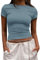 EFFAN Short Sleeve Workout Tops for Women Crew Neck Summer Gym Compression Shirts Cute Tight Tressy Tops Tee Blue S