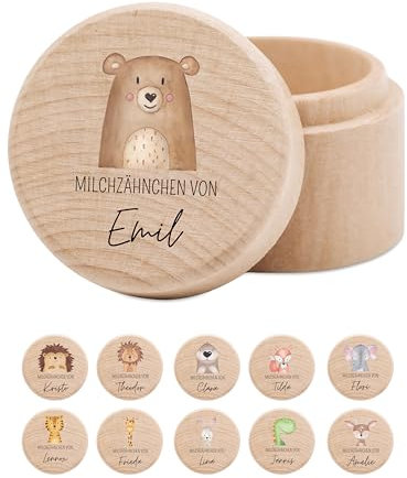 wunderwunsch® - Milchzahndose personalisiert aus Holz mit kinderfreundlichem UV-Druck - Zahndose Milchzähne als Erinnerung an die ersten Zähnchen (Bär)