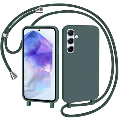 AOMYKE Coque pour Samsung Galaxy A55 5G avec Cordon, Collier Étui Silicone Liquide avec Tour de Cou Lanière en Corde Souple TPU Antichoc Housse - Vert foncé