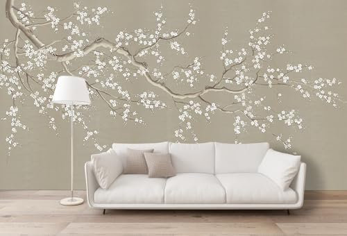 Naturempress Papier Peint Panoramique Branche Zen Fleur De Prunier Papier Peint Intissé Tapisserie Poster Mural pour Salon Chambre Décoration Murale