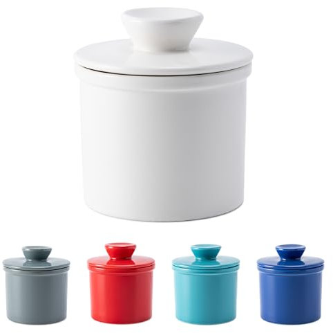 Husfunov Mantequera con línea de agua para mostrador, mantequillera francesa con tapa, recipiente de mantequilla de cerámica para mantequilla fresca untable, color blanco