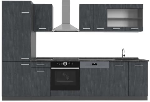 Vicco Küchenzeile R-Line, Schwarz Beton/Anthrazit, 300 cm | 8 Module · Höhenverstellbare Füße · Ohne Arbeitsplatte · Robuste Fronten · Mit Kühlschrankumbauschrank · Frei kombinierbar