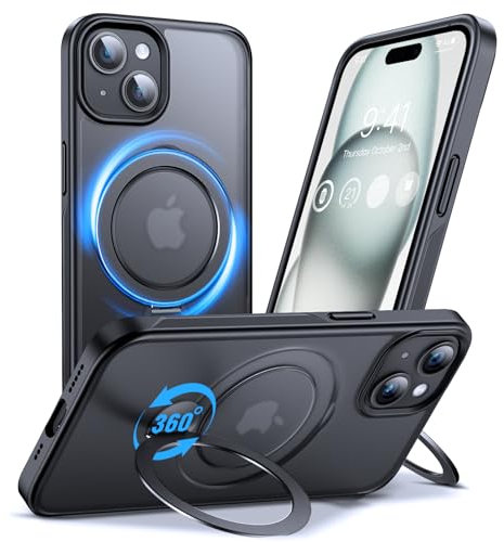 Anqrp 360° All-in-One-Ständerhülle für iPhone 15 Hülle mit Rotierbarem Magnetischem Ständerringhalter, Kompatibel mit MagSafe, Stoßfeste MIL-Grade-iPhone 15 Handyhülle 6,1 Zoll, Schwarz