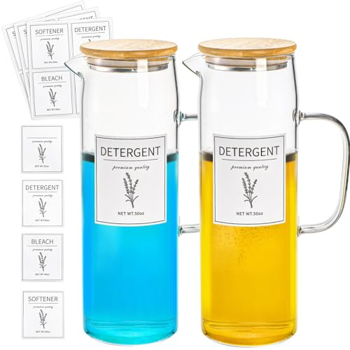 Noamus Lot de 2 distributeurs de détergent à lessive de 1,417,5 g avec couvercle en bambou, poignée en bambou et 12 étiquettes, récipient de détergent liquide en verre pour décoration de salle de