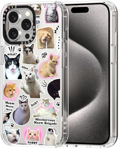 MOSNOVO Case for iPhone 15 Pro Max, [Buffertech 6.6ft Military-Grade Drop Protection] [Anti Peel Off Tech] Clear TPU Bumper Phone Case Cover Design - The Cat Brigade