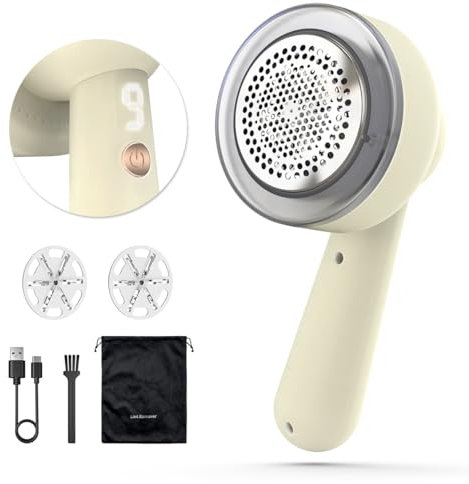 Ventosud Fabric Shaver Lint Remover Rechargeable, Clothes Shaver Pill Remover with 6-Leaf Blades LED Digital Display 3-Gears Adjustable for Clothing Couch Furniture, Cream White