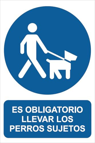 IberNorma MS055 - Señal Adhesiva de Es obligatorio llevar los Perros sujetos 10x15cm Pegatina de Obligación homologada Cartel ideal para informar en interiores de tiendas y locales (10x15cm)