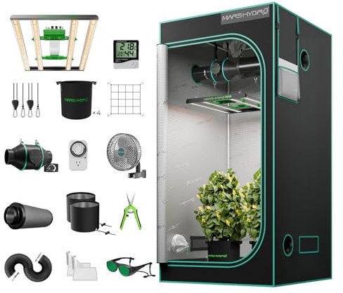 MARS HYDRO Growzelt Komplettset mit FC3000 Samsung LM301H App-Regelung Dimmbarer LED Grow Lampe,100X100X180cm 1680D Hoch Reflektierend Mylar Grow Box Komplettset,4 Effizientes Belüftungssatz