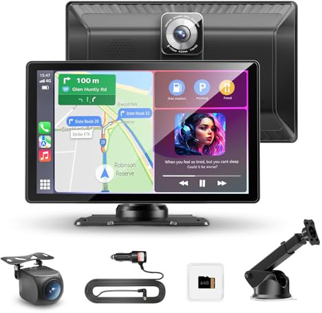 Carpeer 9 Pantalla Carplay Coche con A-pple CarPlay y Android Auto Inalámbrico, Dual Cámaras 4K+1080P, Pantalla Táctil con GPS, Bluetooth, MirrorLink, FM/AUX, Control por Voz, 64GB TF, Sin Instalación