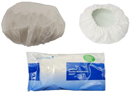 Medimex Classic - Gorro de baño húmedo sin agua y champú, antibacteriano, con vitamina E y aloe vera, gorro de ducha desechable para postrados en cama y en necesidad de cuidados (6 unidades)