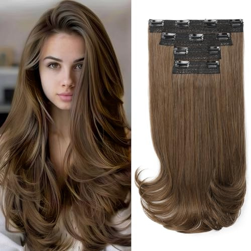 REECHO Clip-in Extensions - 4PC Hair Extensions Clip in Haarverlängerungen 40 cm, Layer-Cut, natürlich aussehende Haarteile mit unsichtbarem weichem Tressenband - Hellbraun