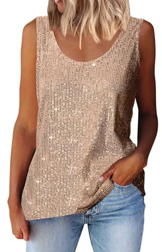 Generisch White Top Women's Summer Fashion Sequin Tops Neck Sequins Sleeveless Tank Tops Blouses Off Shoulder Top, Rose Gold, XL
