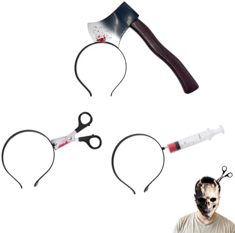 DLPRK 3er-Set Halloween Haarreif: Axt, Nadel & Schere – realistischer Im-Kopf“-Schock-Effekt ultraleichter Kunststoff-Kopfschmuck für Damen & Herren, perfektes Kostüm-Accessoire für Zombie-Partys