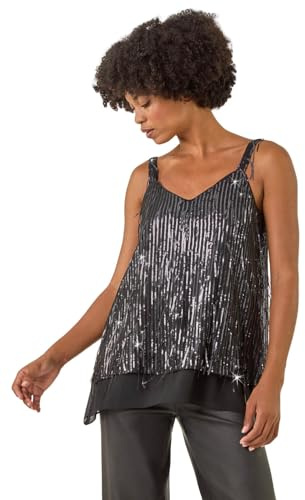 Roman Originals Tassel Sequin Chiffon Top for Women UK - Ladies Everyday Autumn Winter Sweetheart Neckline Comfy Soft Evening Vacation Work Party Night Out - Dark Grey - Size 12