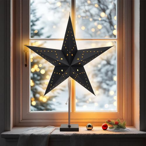 Spetebo Papier Weihnachtsstern Tischleuchte auf Fuß 60 cm, schwarz | Dekostern, für E14 Glühbirnen, Weihnachten Advent Winter Deko, beleuchtet