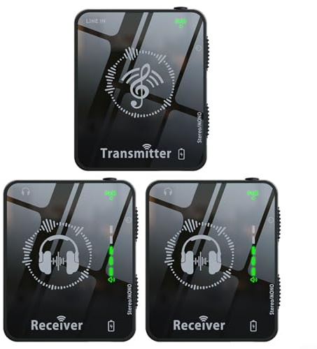 Tidgel Sistema auricolare wireless 2.4G con trasmettitore e ricevitore, in-ear a bassa latenza per musicisti, controllo del volume stereo ricaricabile (1 tran 2 ricevitori)