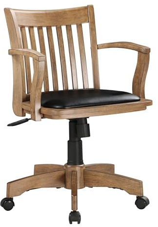 Office Star Products OSP Home Furnishings Deluxe Banker-Schreibtischstuhl aus Holz mit gepolstertem Sitz, Verstellbarer Höhe und Verriegelungsneigung, Obstholz-Finish und schwarzem Vinyl