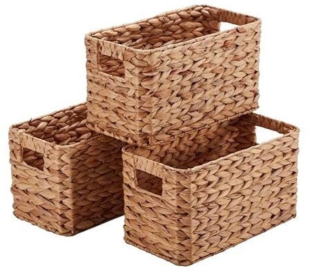 Wovenhill Set of 3 Milton Handwoven Natural Rattan Storage Baskets – Wicker Storage Basket Set with Handles, Woven Baskets for Living Room, Bedroom, Wardrobe, Shelf & Home Organisation