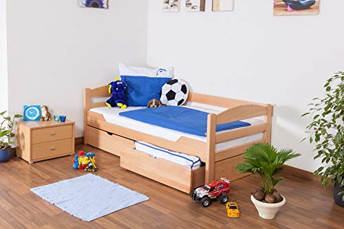 Kinderbett/Jugendbett Easy Premium Line K1/n/s inkl 2 Schubladen und 2 Abdeckblenden, 90 x 200 cm Buche Vollholz massiv Natur