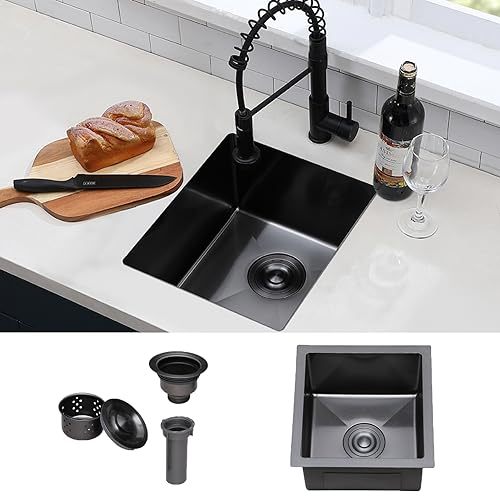 Hotis 38,1 x 43,2 cm schwarze Barspüle, Unterbau-Barspüle, Edelstahl, kleine Wohnmobil-Küchenspüle, Edelstahl, handgefertigt, Einzelschüssel, für den Außenbereich, nasse Bar-Vorbereitungsspüle mit