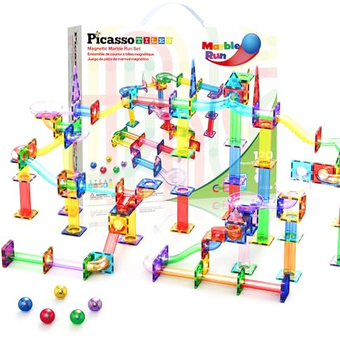 PicassoTiles 120 Teile Magnetische Kugelbahn, 5 Murmeln, STEM ab 3 Jahren | 10 geometrische Formen, variable Strecken, Trichter und U-Kurven, starke Verbindungen, Physik entdecken, offenes Konstruieren