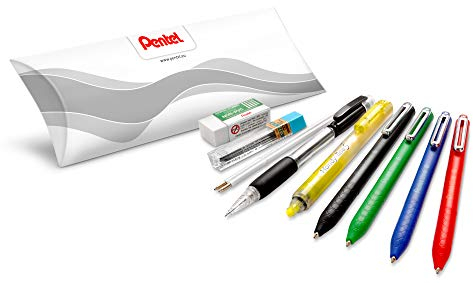 Pentel Starterpack mit 10 Teilen: 4 x Druckkugelschreiber schwarz/rot/blau/grün, 2 x blau, 1 x Textmarker mit Druckbleistift, 1 x Etui mit 12 Minen HB, 1 x Mini Radiergummi