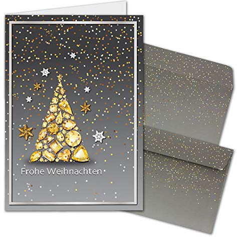 20x Weihnachtskarten-Set DIN A6 in Grau mit Motiv Edelstein-Weihnachtsbaum - Faltkarten mit passenden Umschlägen DIN C6 in Grau - Weihnachtsgrüße für Firmen und Privat