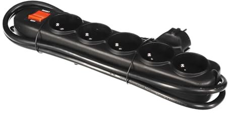 Perel Steckdosenleiste mit Schalter, Überlastschutz, 5 Steckdosen Typ E, Kabel 1.5 m, 3G1.5, Innenbereich, Schwarz