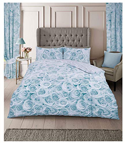 FAIRWAYUK Rose Bedding Set, Duck Egg Duvet Cover King Bed Size with Pillowcase, Ultra Soft Reversible Quilt Covers Easy Care, Button Closure, 230x220cm