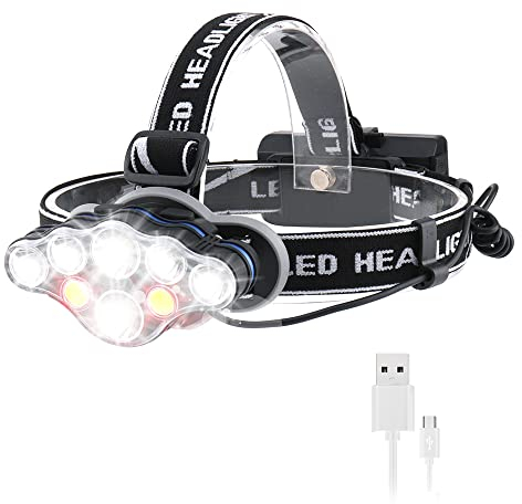 Rechargeable Headlamp, 8 Modes Multi-Function Headlight Flashlight 18000 Lumens, Waterproof Head Torch Heads Light with Red Light for Camping, Fishing, Car Repair, with 2 Batteries and USB Cable