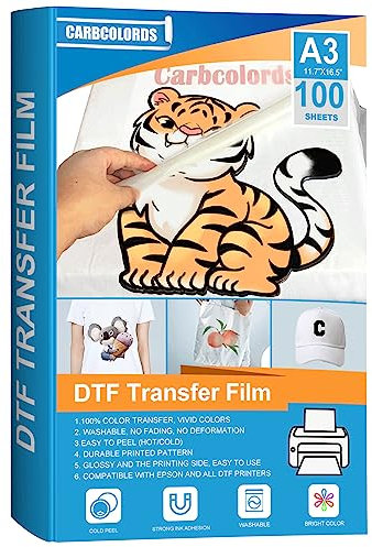 DTF Transferfolie PET Wärmetransferpapier glänzend klar PreTreat Blätter für DYI Direct auf T-Shirts/Onesies/Socken/Taschen, Textil, A3 (29,7 x 41,9 cm), 100 Blatt