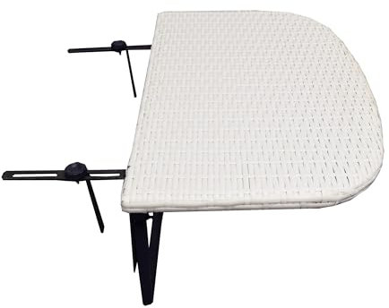 White Indoor and Outdoor Foldable Wicker Balcony Table with Metal Frame and Adjustable Clamps