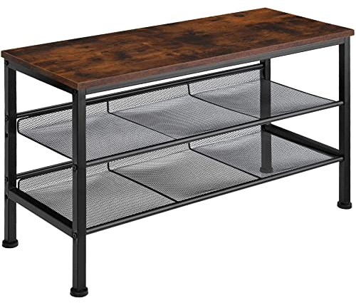 tectake® Schuhregal schmal mit Sitzfläche, Schuhbank 3 Ebenen, 2 Gitterablagen, Schuhregal platzsparend 75,5 x 30,5 x 45,5 cm, Flur Regal, Schuhschrank, Garderobe (Industrial Dunkelbraun)