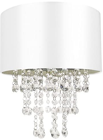 Modern and Eye-Catching White Satin Fabric Pendant Light Shade with Hanging Transparent Acrylic Droplets | 30cm Diameter by Happy Homewares