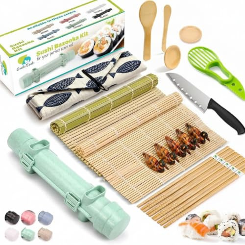 SmileTools Sushi Making Kit, 22 in 1 Sushi Roller Sushi Maker Kit with Bamboo Sushi Rolling Mats, Bazooka, Chef's Knife, Chopsticks, Sauce Dishes, Rice Spreader, Avocado Slicer, Guide Book