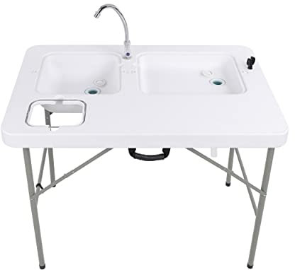 Redline Canyon Mesa de fregadero de camping con fregaderos dobles, mesa portátil de 32 pulgadas de alto, mesa de limpieza de peces, cocina de camping con grifo