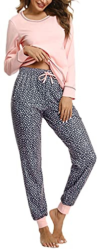 Litherday Women's Pyjamas Set Soft Long Sleeve Cotton Sleepwear Ladies Pjs Loungewear Sets Tops and Plaid Pants Nightwear with Pockets（Star-Pink，S）