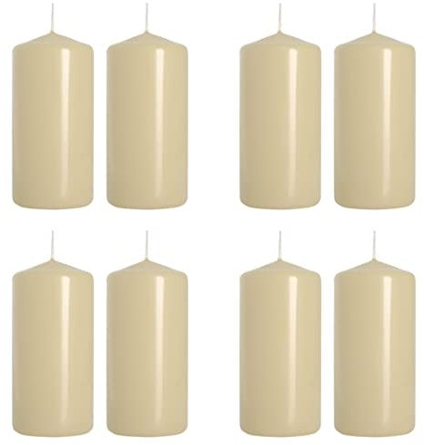Pillar Candles Pack of 8 Unscented Ivory Matt - 10 x 5 cm / 4 x 2 in - Long Burning Up to 20 Hours - Elegant Dripless Wax Candles for Weddings, Christmas, Parties, Events, Home, Table Decoration